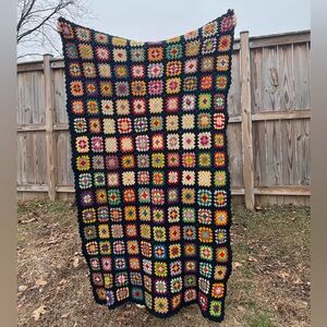 Handmade Colorful Granny Square Crochet Blanket with Black Border